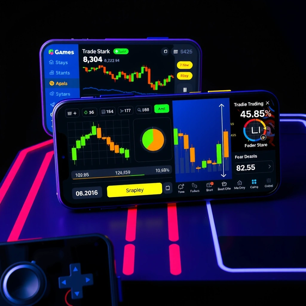 Mobile gaming interface showing trading charts and game elements